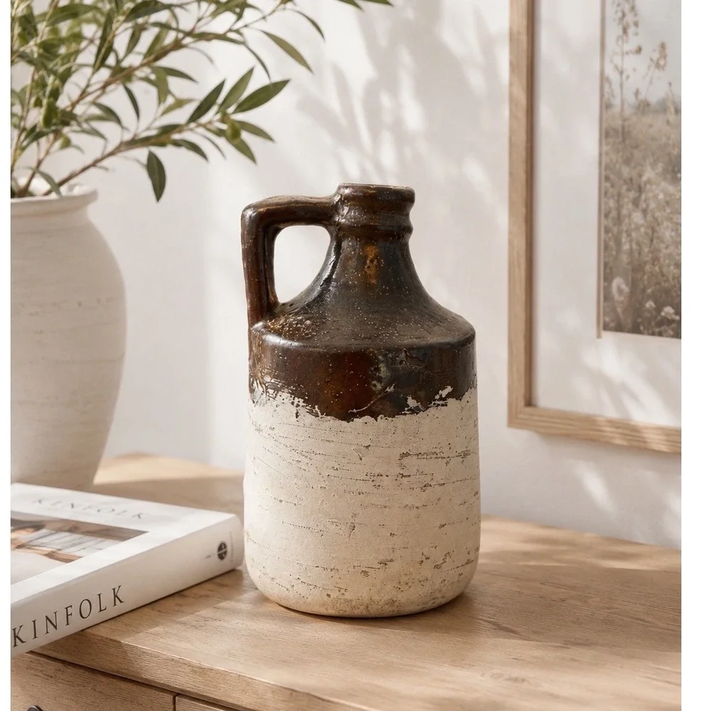 Rustic Farmhouse Ceramic Stoneware Jug Distressed White Bronze Brown 7.75‎ Inch